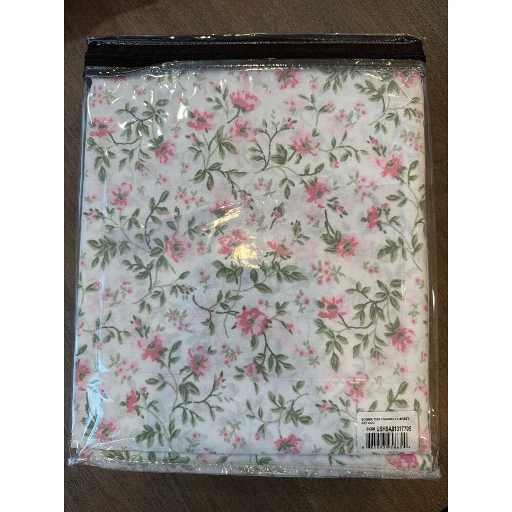 NEW Laura Ashley Full Sheet 4 Pc Set Floral Pink Rose 100% Cotton Percale